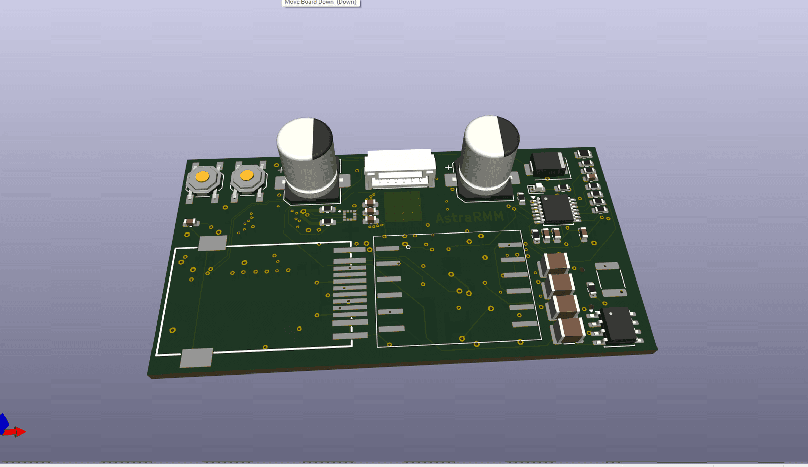 Air Sensor PCB - bottom of board, capacitors, push buttons, connector